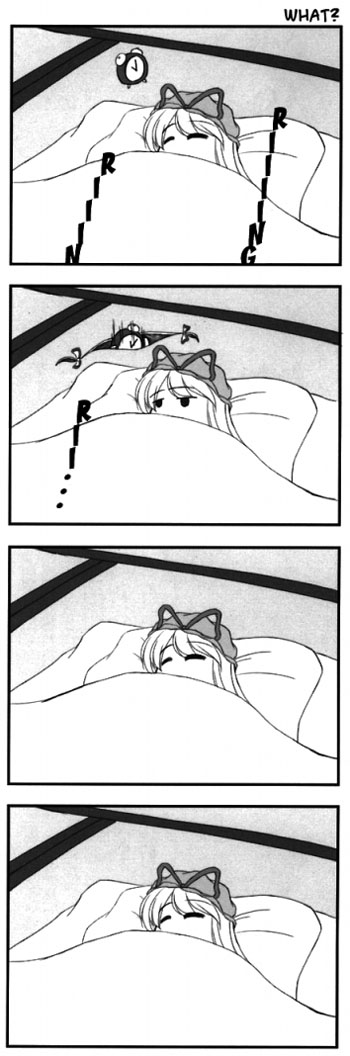 1girl, 4koma, alarm_clock, azumanga_daiou, clock, comic, english_text, closed_eyes