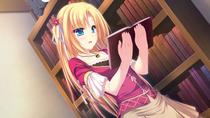 1girl, blonde_hair, blue_eyes, blush, book, collarbone, crying, crying_with_eyes_open, female_focus, flower, game_cg, hair_ornament, highres, jewelry, long_hair, mel_carlyle, necklace, open_book, open_mouth, pendant, reading, ribbon, ryuuyoku_no_melodia, skirt, solo, tears, tenmaso, whirlpool_(studio)