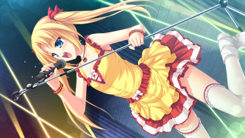 1girl, blonde_hair, blue_eyes, blush, boots, bracelet, collarbone, female_focus, game_cg, highres, jewelry, long_hair, mel_carlyle, microphone, music, necklace, open_mouth, pendant, ribbon, ryuuyoku_no_melodia, singing, skirt, solo, tenmaso, thighhighs, twintails, whirlpool_(studio), white_thighhighs, zettai_ryouiki