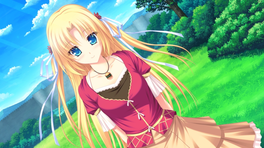 1girl, arms_behind_back, blonde_hair, blue_eyes, blush, cloud, collarbone, day
