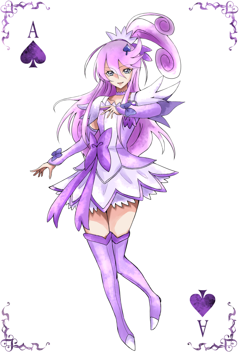 1girl, alternate_hairstyle, arm_warmers, blue_eyes, boots, bow, brooch, choker, color_connection, cosplay, cure_moonlight, cure_sword, cure_sword_(cosplay), curly_hair, dokidoki!_precure, female_focus, full_body, hair_ornament, hairpin, heart, heart_brooch, heartcatch_precure!, high_ponytail, highres, jewelry, long_hair, ponytail, precure, purple_arm_warmers, purple_boots, purple_hair, purple_skirt, purple_theme, purple_thighhighs, ribbon, skirt, smile, solo, spade, spade_hair_ornament, thigh_boots, thighhighs, trait_connection, tsukikage_oyama, tsukikage_yuri, waist_bow, white_background