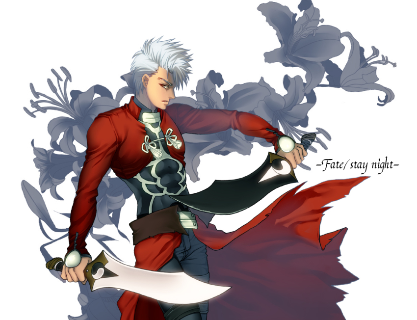 1boy, archer_(fate), bad_id, bad_pixiv_id, brown_eyes, dual_wielding, fate/stay_night, fate_(series)