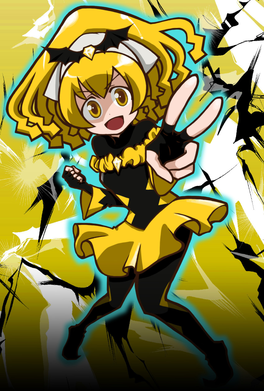 1girl, :d, bad_end_peace, bad_end_precure, bad_id, bad_pixiv_id, black_bodysuit, blonde_hair