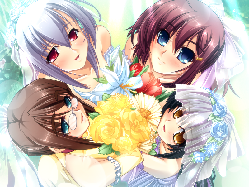 4girls, black_hair, blue_eyes, blush, dress, game_cg, goshujinsama_daisuki, ichijou_ema, kuu_spitfire, long_hair, multiple_girls, murakumo_sakura, red_eyes, red_hair, score_(company), shishiouin_hime, silver_hair, wedding_dress, yellow_eyes