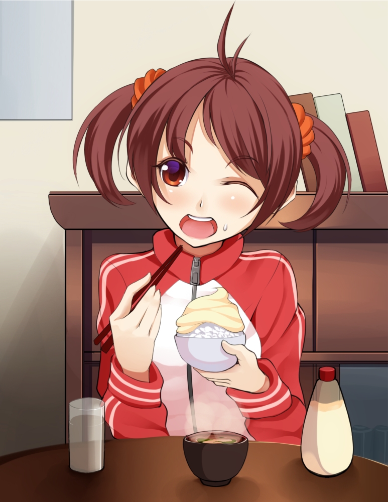 1girl, blush, bowl, brown_eyes, brown_hair, chopsticks, female_focus, food