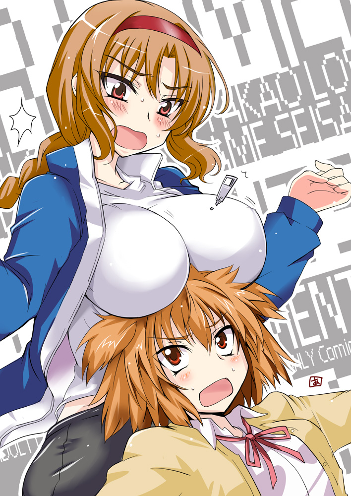 2girls, aoi_manabu, blush, breast_rest, breasts, breasts_on_head, brown_hair, bursting_breasts, d-frag!, hairband, jacket, kazama_noe, large_breasts, long_sleeves, looking_down, looking_up, multiple_girls, neck_ribbon, open_mouth, orange_hair, red_eyes, ribbon, school_uniform, sweat, takao_(d-frag!), track_jacket, zipper