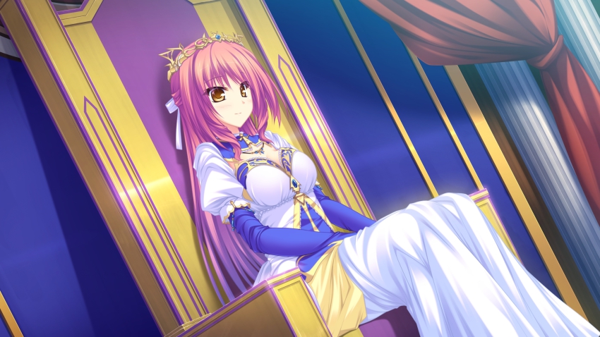 1girl, blush, bow, crown, dress, female_focus, floria_vestoria, game_cg, hair_ornament, highres, long_hair, pink_hair, ribbon, ryuuyoku_no_melodia, sitting, solo, tenmaso, whirlpool_(studio)