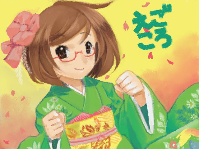 1girl, brown_eyes, brown_hair, chaunen, female_focus, glasses, hair_ornament, hairpin, japanese_clothes, kimono, long_sleeves, looking_at_viewer, nikki_(swapnote), nintendo, obi, petals, red-framed_eyewear, sakura_petals, sash, semi-rimless_eyewear, short_hair, smile, solo, swapnote, translation_request, under-rim_eyewear, upper_body, wide_sleeves