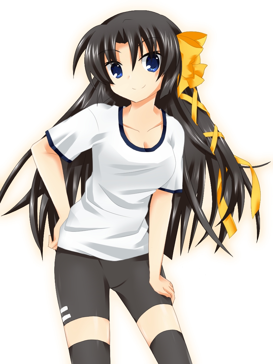 1girl, bike_shorts, black_hair, blue_eyes, female_focus, gym_uniform, hair_ribbon, highres