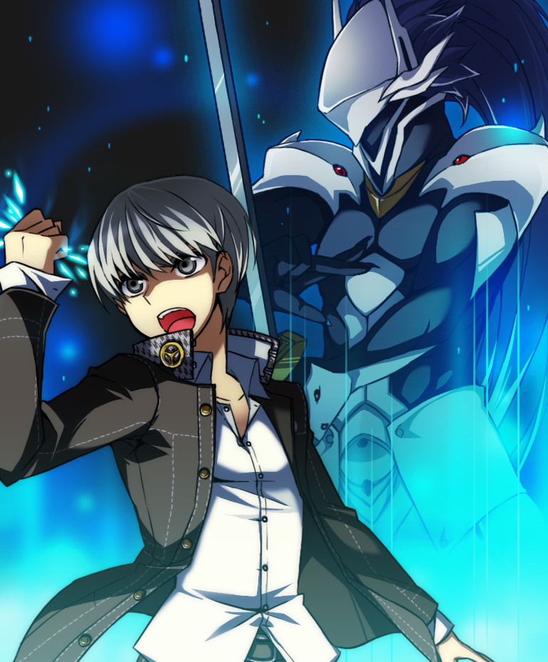 1boy, arc_system_works, atlus, blazblue, blazblue:_calamity_trigger, clenched_hand, crossover, grey_eyes, grey_hair, hakumen, jacket, male_focus, mask, narukami_yu, open_clothes, open_jacket, open_mouth, persona, persona_4, popped_collar, puchi-pochi, red_eyes, school_uniform, short_hair, sword, weapon