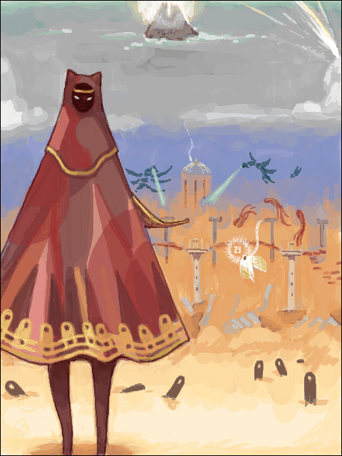 alternate_color, black_legwear, building, cloak, cloth_fish, cloud, cloudy_sky, creature, desert, guardian_(journey), hood, hood_up, hooded_cloak, journey, laser, looking_at_viewer, no_humans, pillar, sky, spoilers, standing, tombstone, traveler_(journey), warai, white_eyes