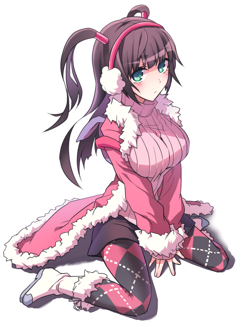 1girl, argyle_clothes, argyle_pantyhose, bad_id, bad_pixiv_id, bemani, black_hair, boots, coat, earmuffs, female_focus, fur_trim, green_eyes, kikugetsu, long_hair, pantyhose, patterned_legwear, pop'n_music, ribbed_sweater, sitting, skirt, solo, sweater, tsurara_(pop'n_music), turtleneck, twintails, wariza, winter_clothes
