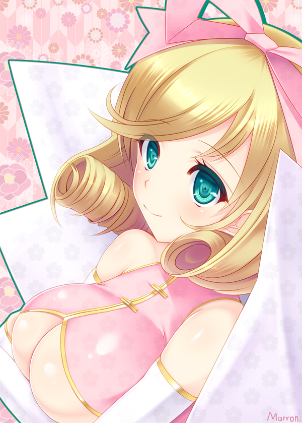 10s, 1girl, aqua_eyes, breast_hold, breasts, curly_hair, elbow_gloves, female_focus, gloves, haruka_(senran_kagura), large_breasts, maron_(1212ama), senran_kagura, shiny_skin, signature, smile, solo, underboob, white_gloves