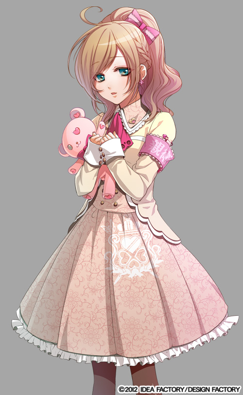 10s, 1girl, 2012, armband, ascot, bow, braid, brown_hair, brown_pantyhose, dress, female_focus, glass_heart_princess, green_eyes, grey_background, high_ponytail, himeno_kyouko, long_hair, pantyhose, pink_bow, ponytail, simple_background, solo, stuffed_animal, stuffed_toy, teddy_bear