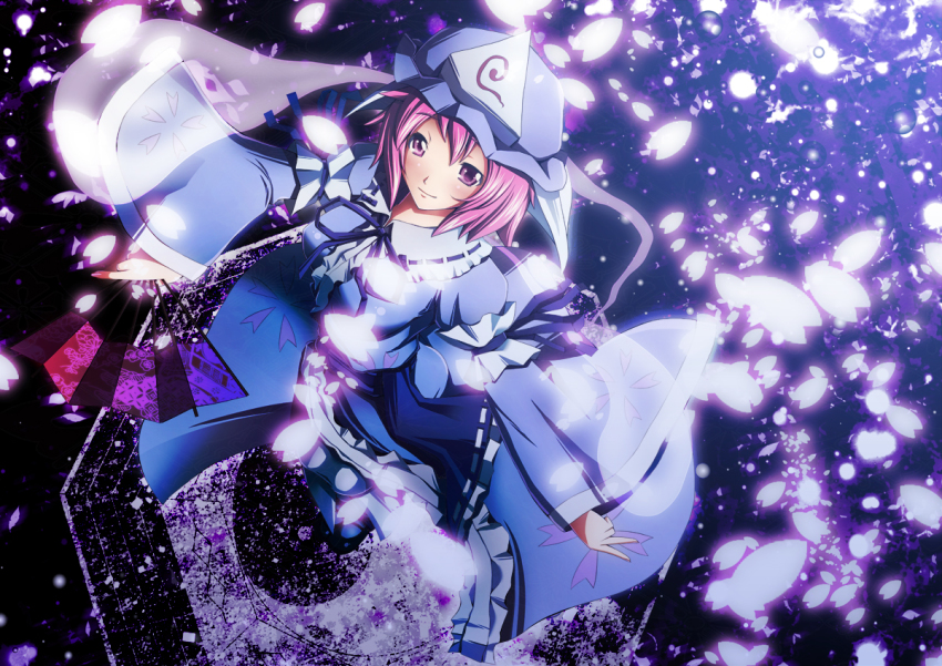 1girl, breasts, cherry_blossoms, female_focus, folding_fan, hand_fan, hat, hitodama