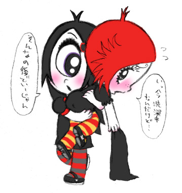 2girls, 4kaku3kaku, ahoge, black_dress, black_eyes, black_hair, black_shoes, blush