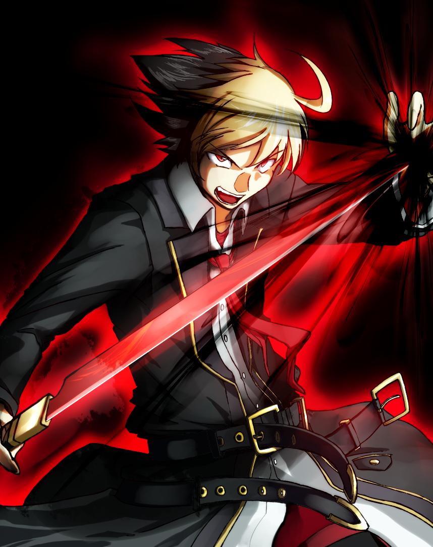 1boy, ahoge, belt, black_hair, blonde_hair, blood, kido_hyde, jacket, kusabi_(fatesyuki23), multicolored_hair, multiple_belts, necktie, red_eyes, school_uniform, short_hair, sword, two-tone_hair, under_night_in-birth, weapon