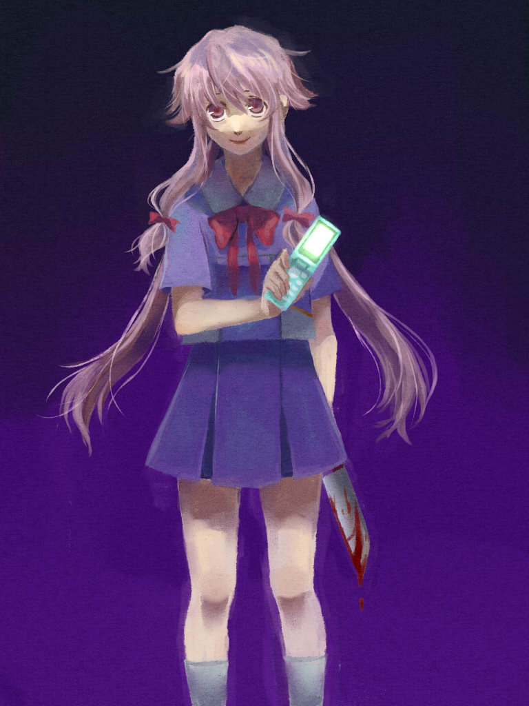 1girl, blood, bow, cellphone, female_focus, gasai_yuno, hair_bow, knife