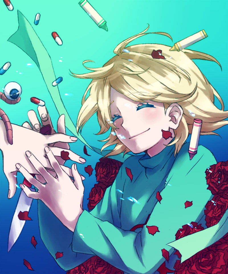 a_(character), a_(nostalgic), androgynous, blonde_hair, crayon, eyeball, closed_eyes, flower, gender_request, knife, nostalgic, pill, rose, sabamiso_(tomatomikan), smile, spoilers, tomatomikan, worm