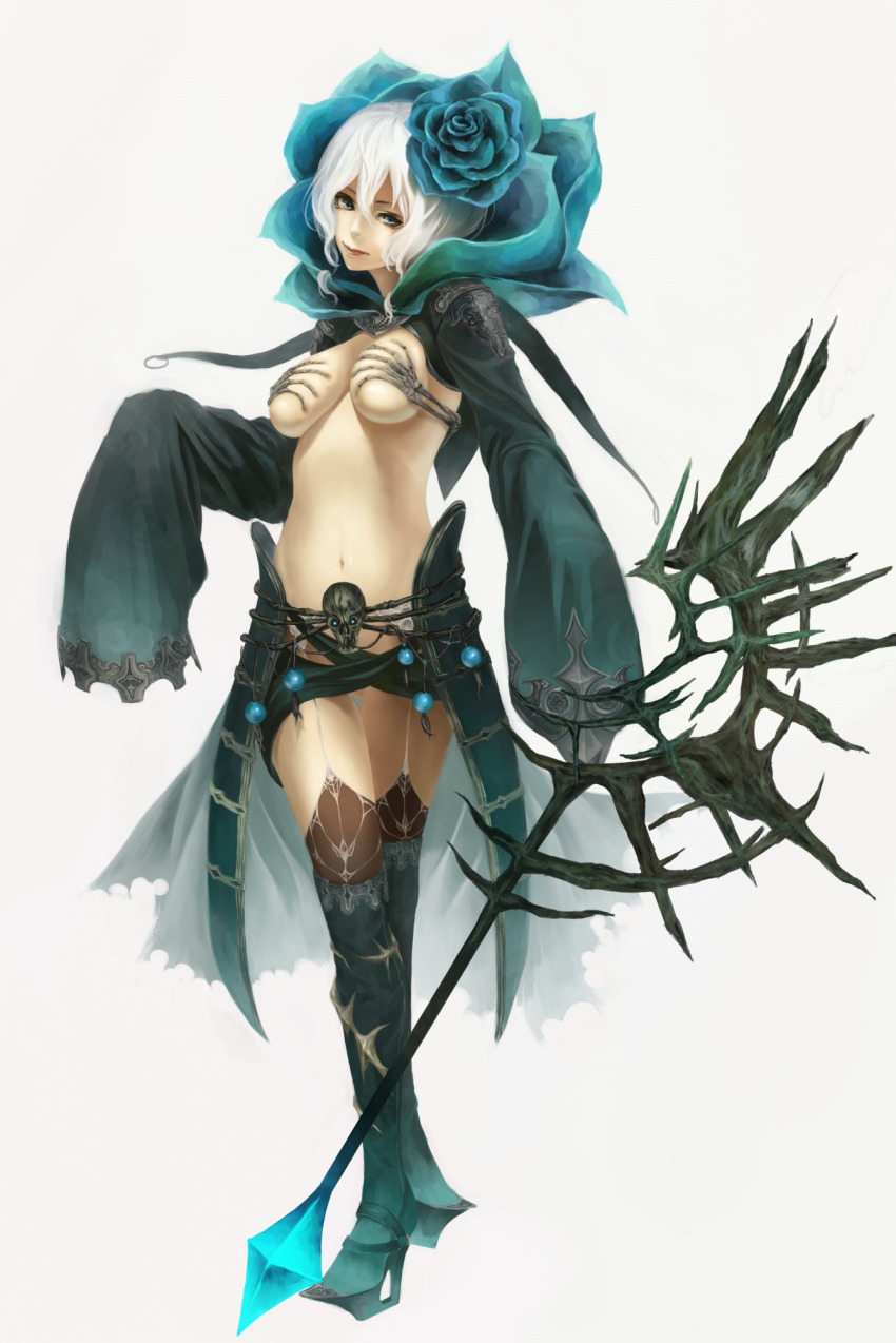 1girl, akai_kitsune, bad_id, bad_pixiv_id, black_thighhighs, blue_flower, blue_rose, bone_bra