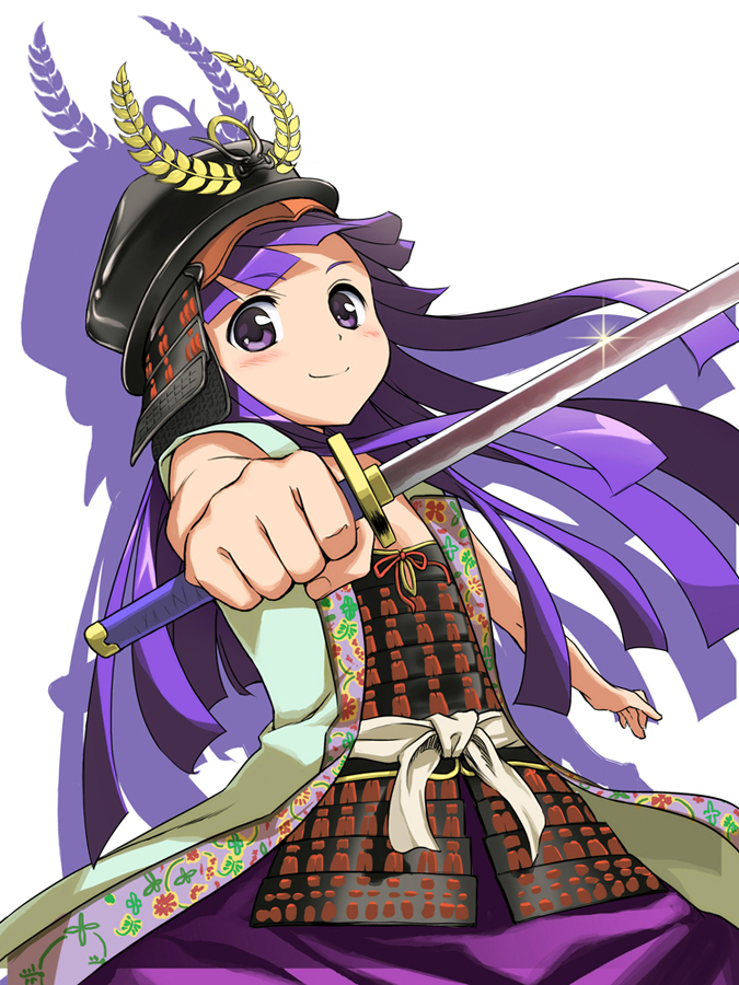 1girl, armor, dou, female_focus, foreshortening, furude_rika, glint, helmet, higurashi_no_naku_koro_ni, japanese_armor, kabuto_(helmet), katana, konoe_(vis9191), kusazuri, long_hair, purple_eyes, purple_hair, samurai, simple_background, smile, solo, sword, tokugawa_ieyasu_(real_life), weapon, white_background