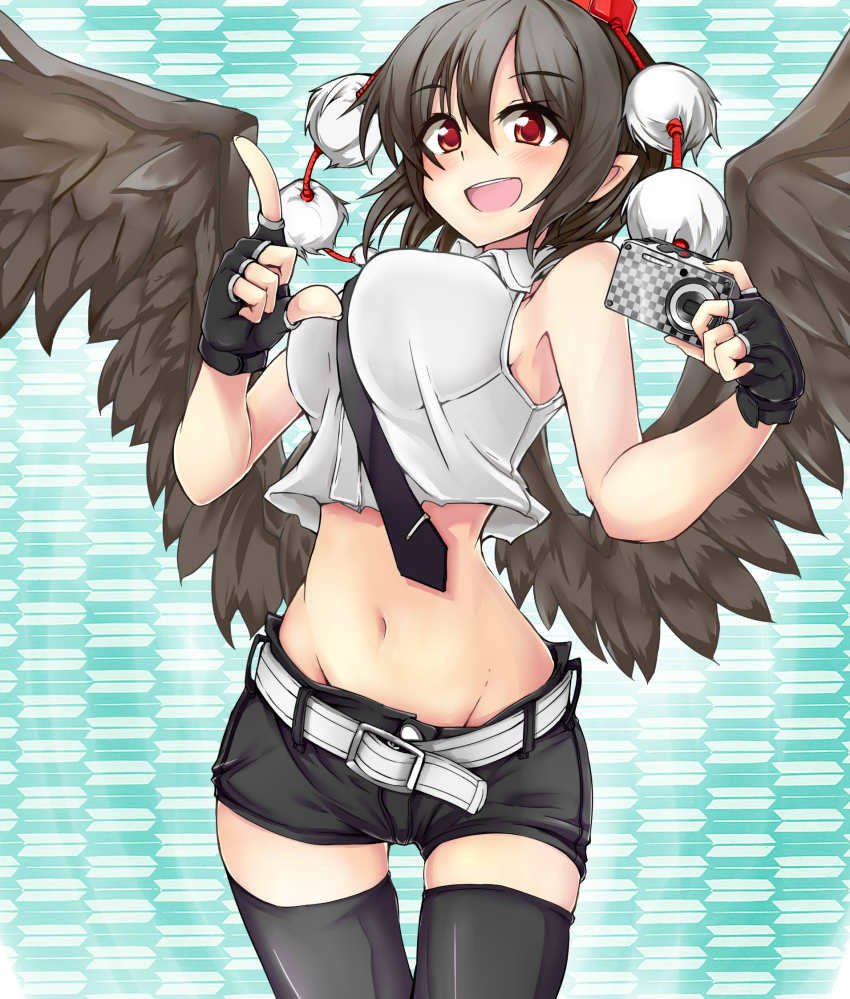 1girl, adapted_costume, belt, black_hair, black_thighhighs, black_wings, blush, bouncing_breasts, breasts, camera, female_focus, fingerless_gloves, gloves, groin, hat, highres, ku-ba, large_breasts, looking_at_viewer, midriff, navel, necktie, open_mouth, pointy_ears, red_eyes, shameimaru_aya, short_hair, shorts, smile, solo, thigh_gap, thighhighs, tokin_hat, touhou, wings, yagasuri