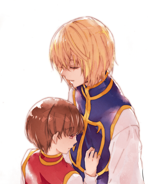 2boys, blonde_hair, brown_hair, chiyo_(rotsurechiriha), closed_eyes, hunter_x_hunter, kurapika, long_sleeves
