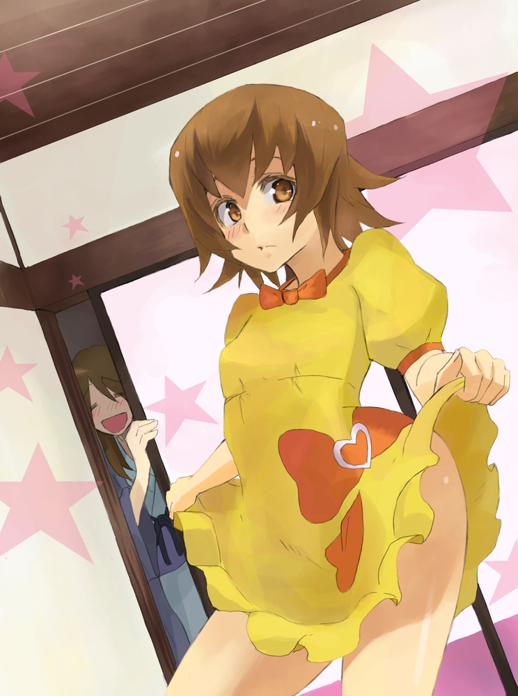 10s, 1boy, 1girl, blush, brown_eyes, brown_hair, closed_eyes, clothes_lift, heartcatch_precure!, long_hair, myoudouin_itsuki, myoudouin_satsuki, no_panties, open_mouth, pepe_(jonasan), precure, short_hair, skirt, skirt_lift, smile