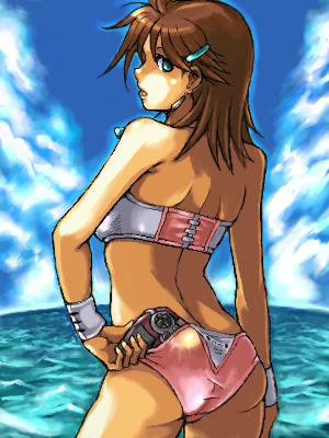 00s, 1girl, akihidekawa_kobaya, ass, bikini, cloud, connection_gear, controller, day, female_focus, looking_back, lowres, ocean, remote_control, shion_uzuki, sky, solo, swimsuit, xeno_(series), xenosaga, xenosaga_episode_iii
