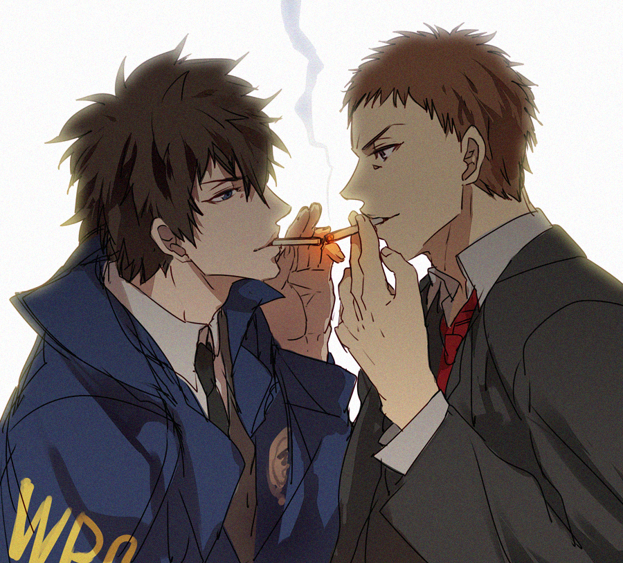 10s, 2boys, black_hair, blue_eyes, brown_hair, cigarette, cigarette_kiss, eye_contact, kougami_shin'ya, looking_at_another, male_focus, multiple_boys, necktie, psycho-pass, ryouko_(lovelovela), sasayama_mitsuru, short_hair, simple_background, smoke, yaoi