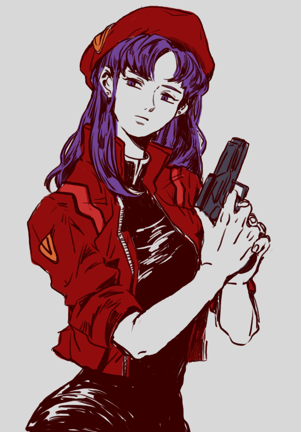 1girl, beret, celandine, earrings, female_focus, gun, handgun, hat, jacket, jewelry, katsuragi_misato, neon_genesis_evangelion, purple_hair, sleeves_rolled_up, solo, weapon