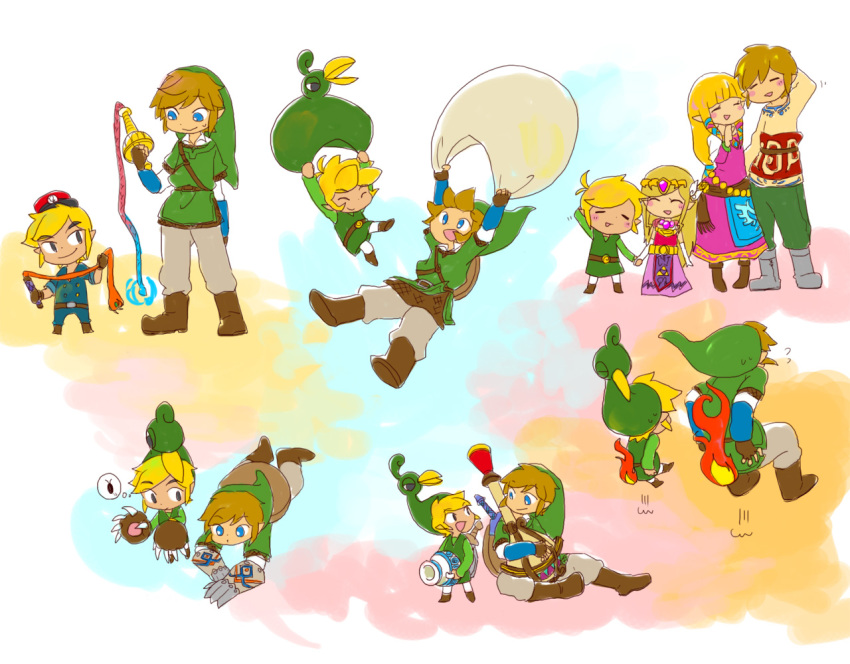 2boys, 2girls, atz6, belt, black_eyes, blonde_hair, blue_eyes, claws, dual_persona, ezlo, gloves, hat, link, long_hair, multiple_boys, multiple_girls, nintendo, pot, princess_zelda, smile, the_legend_of_zelda, the_legend_of_zelda:_skyward_sword, the_legend_of_zelda:_spirit_tracks, the_legend_of_zelda:_the_minish_cap, tiara, toon_link, toon_zelda, whip