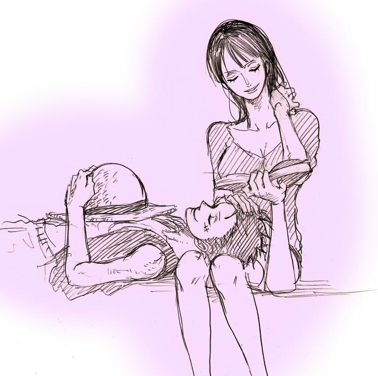 1boy, 1girl, book, daishou_(hirotoxxx), hana_hana_no_mi, hat, lap_pillow, monkey_d._luffy, monochrome, nico_robin, one_piece, open_book, reading, sitting, sketch, sleeping, smile, straw_hat, unworn_hat, unworn_headwear, vest