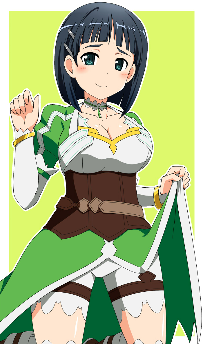 1girl, black_hair, bracelet, breasts, cleavage, cosplay, female_focus, green_eyes