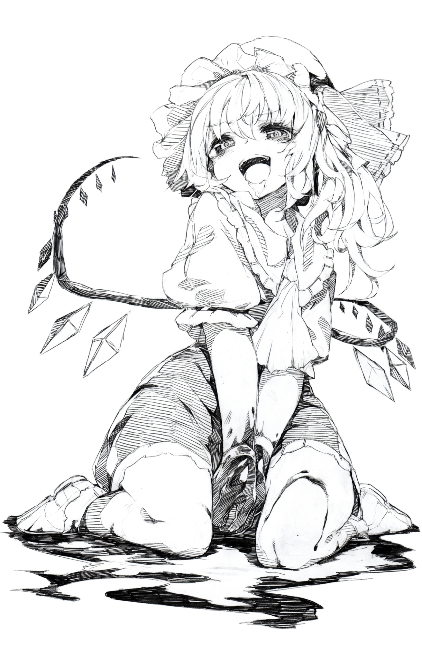 1girl, absurdres, ascot, bad_id, bad_pixiv_id, blood, blood_on_hands, female_focus, flandre_scarlet, graphite_(medium), greyscale, hat, highres, konnanottenaiyo, long_hair, monochrome, open_mouth, oshake, side_ponytail, sitting, solo, touhou, traditional_media, wariza, wings