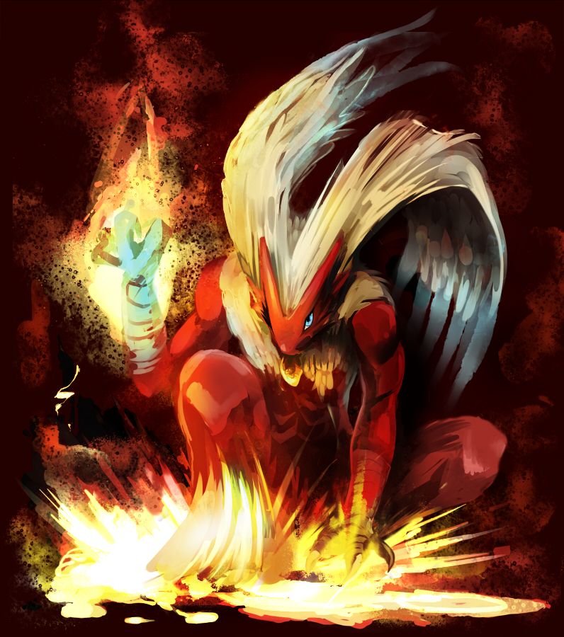 blaziken, blue_eyes, claws, fire, gen_3_pokemon, haro_27, long_hair, nintendo, no_humans, pokemon, pokemon_(creature), silver_hair, solo