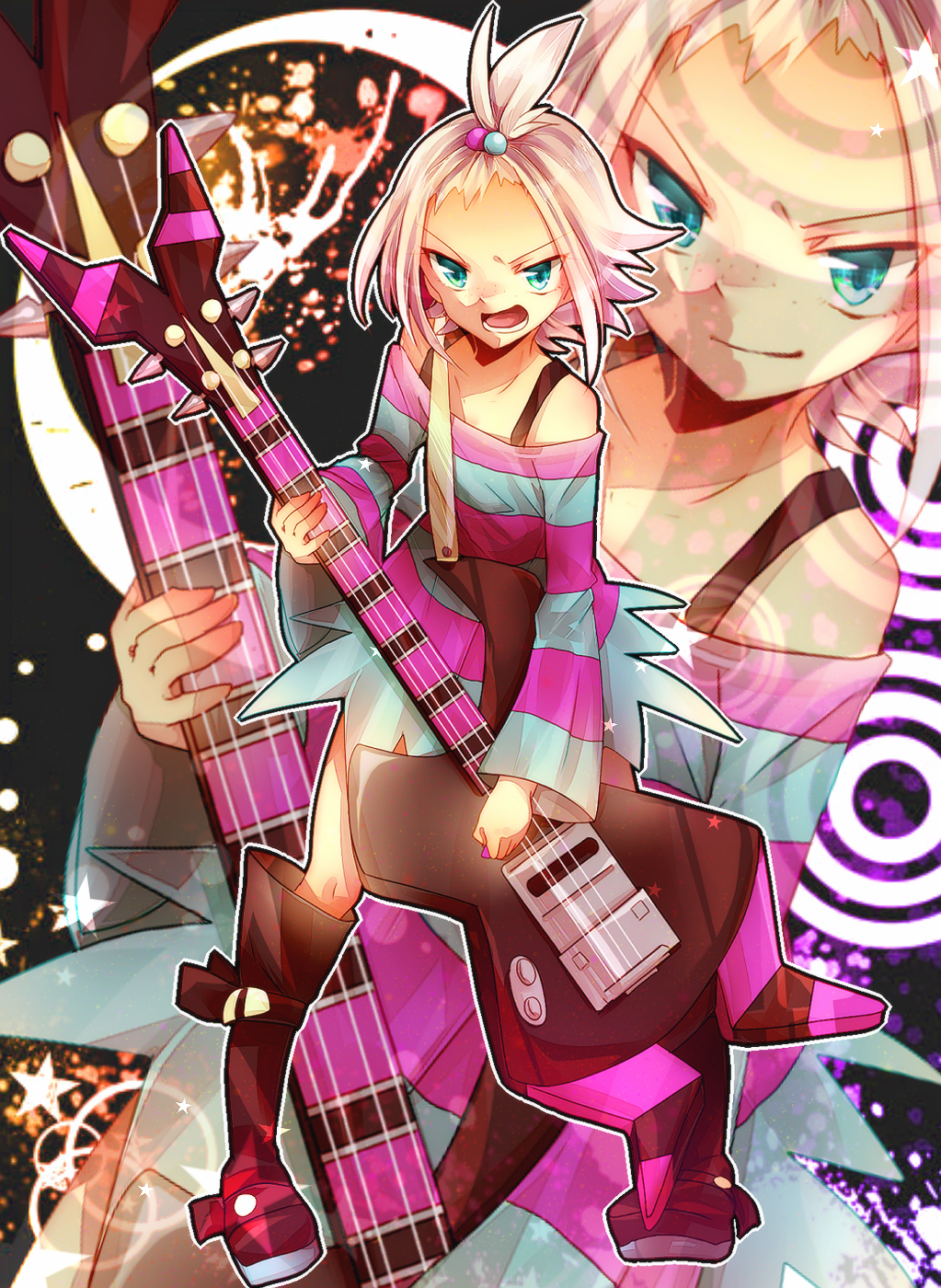 10s, 1girl, blue_eyes, boots, dorarudo, female_focus, freckles, gym_leader, hair_bobbles, hair_ornament, highres, nintendo, pokemon, pokemon_black_2_and_white_2, roxie_(pokemon), smile, solo, topknot, white_hair