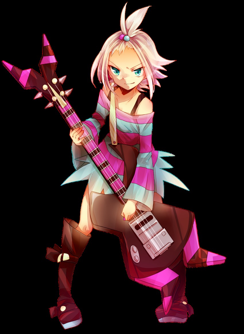 10s, 1girl, blue_eyes, boots, dorarudo, female_focus, freckles, gym_leader, hair_bobbles, hair_ornament, highres, nintendo, pokemon, pokemon_black_2_and_white_2, roxie_(pokemon), smile, solo, topknot, white_hair