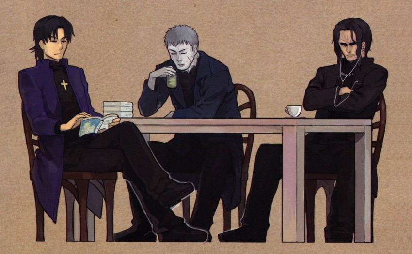 00s, 3boys, araya_souren, b_suke, black_hair, chair, closed_eyes, company_connection