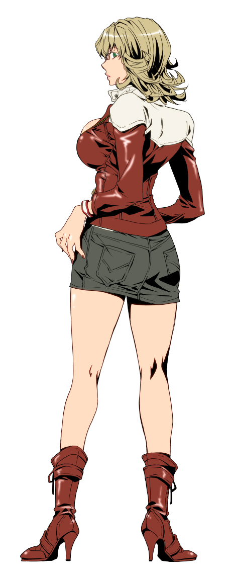 10s, 1girl, barnaby_brooks_jr., blonde_hair, boots, breasts, female_focus, from_behind