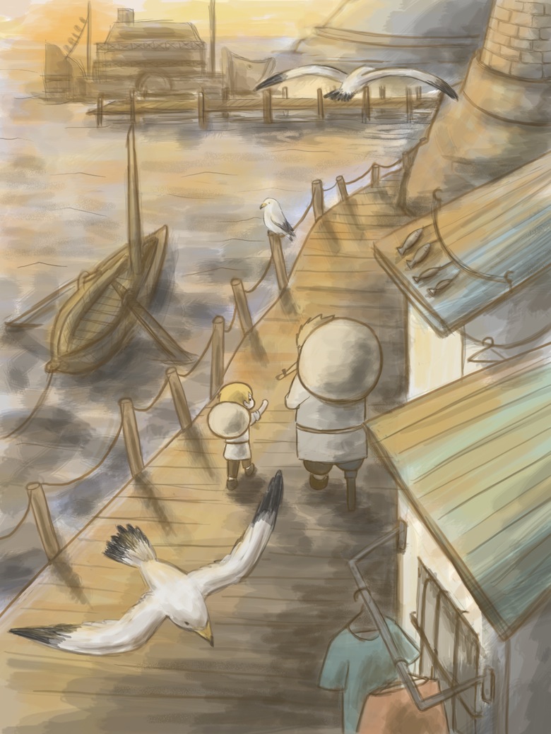 2boys, aged_down, amputee, bag, baratie, bird, boat, chef, child, clothes_hanger, east_blue, lynol, male_focus, multiple_boys, ocean, one_piece, outdoors, peg_leg, pier, red-leg_zeff, sanji_(one_piece), seagull, walking, water, watercraft