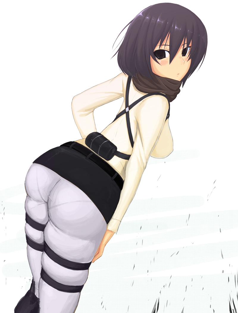 1girl, ass, black_eyes, black_hair, blush, female_focus, huge_ass, mikasa_ackerman, pantylines, reeto_(panama), shingeki_no_kyojin, short_hair, solo, three-dimensional_maneuver_gear
