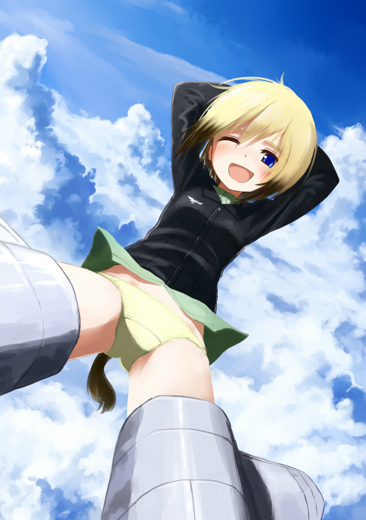 1girl, ;d, arms_behind_head, bad_id, bad_pixiv_id, black_hair, blonde_hair, blue_eyes