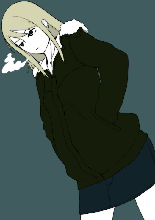 1girl, blonde_hair, breath, denim, denim_skirt, earrings, female_focus, hands_in_pockets