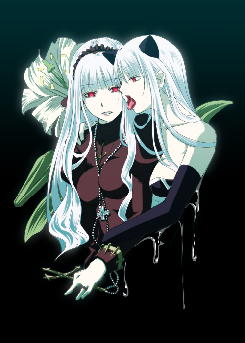 2girls, albino, animal_ears, assassin_(ragnarok_online), cat_ears, jewelry, kataasa-ko, lips, lipstick, long_hair, makeup, mr.romance, multiple_girls, priest_(ragnarok_online), ragnarok_online, red_eyes, tongue, white_hair, whitemaria