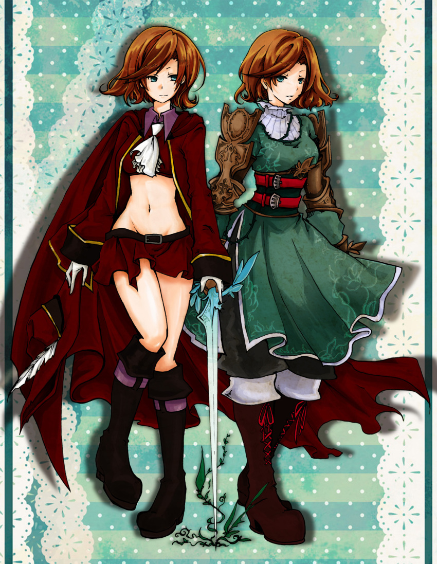 2girls, armor, armored_dress, ascot, belt, boots, brown_hair, cape, dress, dual_persona, feathers, final_fantasy, final_fantasy_tactics_a2, final_fantasy_tactics_advance, frimelda_lotice, gauntlets, green_eyes, hat, highres, holding, holding_unworn_clothes, holding_unworn_hat, karakasa_garaku, midriff, miniskirt, multiple_girls, navel, pants, pauldrons, red_mage_(final_fantasy), short_hair, shoulder_armor, skirt, sword, unworn_hat, unworn_headwear, weapon