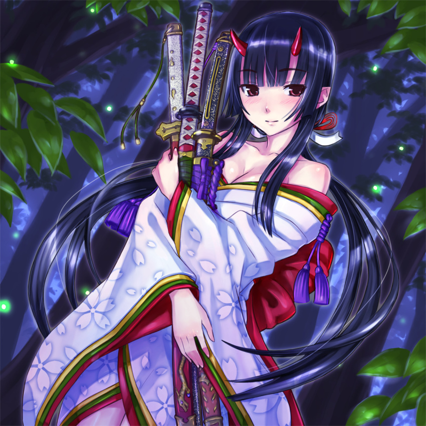 1girl, bare_shoulders, black_hair, blush, breasts, character_request, cleavage, collarbone, female_focus, highres, holding, horns, japanese_clothes, katana, kimono, leaf, long_hair, looking_at_viewer, multiple_swords, obi, off_shoulder, red_eyes, sash, shimano_natsume, shingoku_no_valhalla_gate, sidelocks, smile, solo, suzuka_gozen, sword, weapon