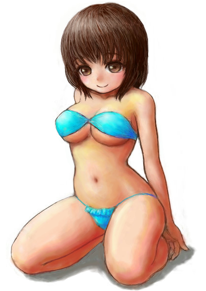 1girl, bikini, breasts, brown_eyes, brown_hair, mitsu_(komainumilk), original, short_hair