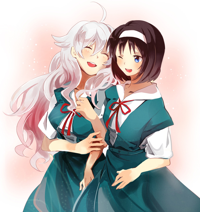 2girls, blue_eyes, brown_hair, genderswap, genderswap_(mtf), hairband, ikari_shinji, kyara1103, laughing, long_hair, multiple_girls, nagisa_kaworu, neon_genesis_evangelion, one_eye_closed, open_mouth, school_uniform, short_hair, smile, white_hair, wink