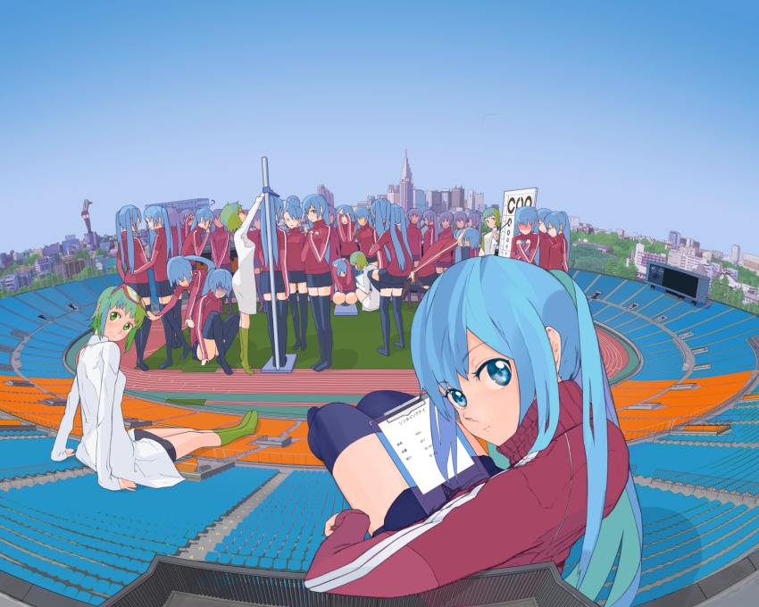 2girls, 6+girls, blue_eyes, blue_hair, blue_thighhighs, carrying, clipboard, clone, colored_eyelashes, day, depressed, eye_chart, eyewear_on_head, frown, giant, giantess, gloom_(expression), green_eyes, green_hair, guitar_(guitars), gumi, hair_bun, hatsune_miku, height_conscious, highres, kneehighs, landolt_c, long_hair, looking_back, miniskirt, mode_gakuen_cocoon_tower, multiple_giantesses, multiple_girls, outdoors, piggyback, real_world_location, shinjuku_park_tower, single_hair_bun, sitting, skirt, socks, stadiometer, stadium, standing, thighhighs, tokyo_(city), tokyo_city_hall, twintails, very_long_hair, vocaloid, weighing_scale